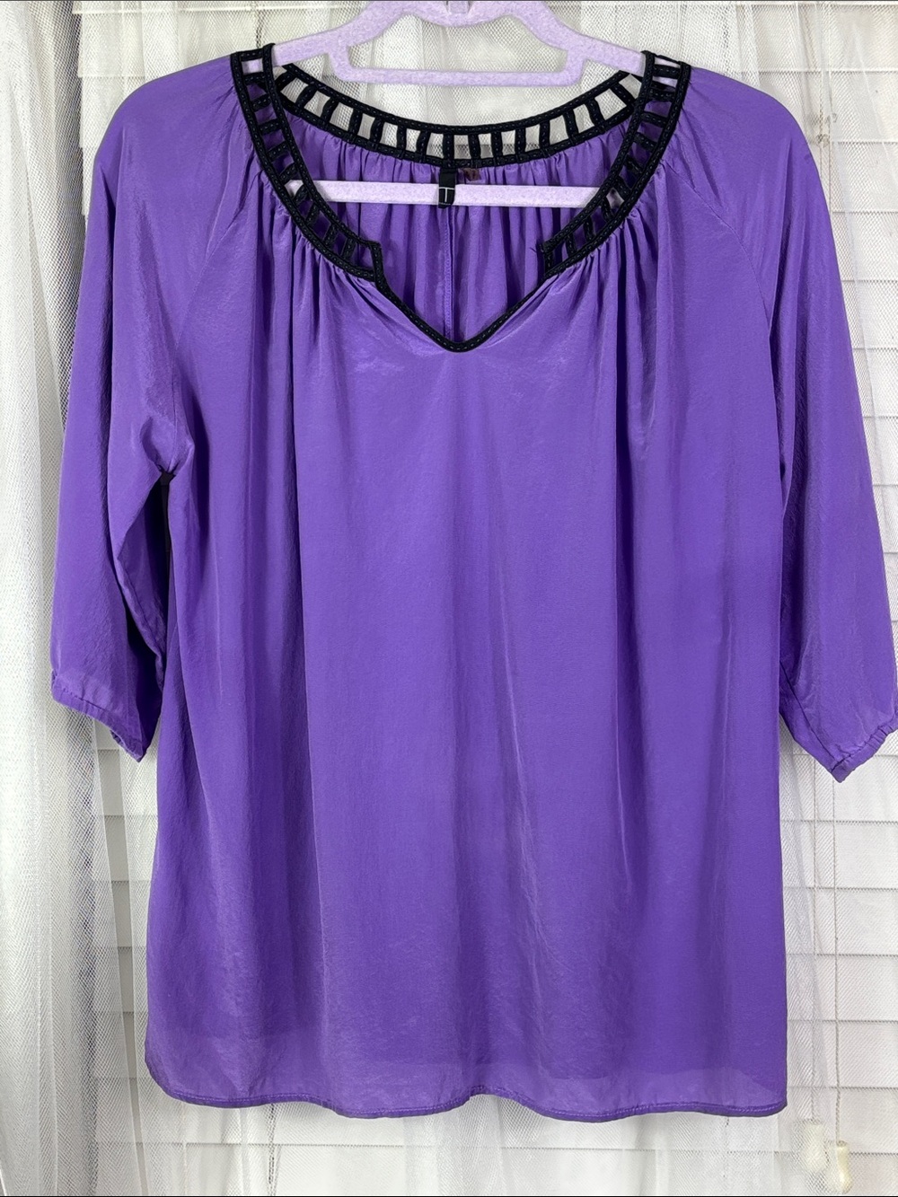 T Tahari 100% silk Laverder/Purple Embellished Neck Blouse. Size M